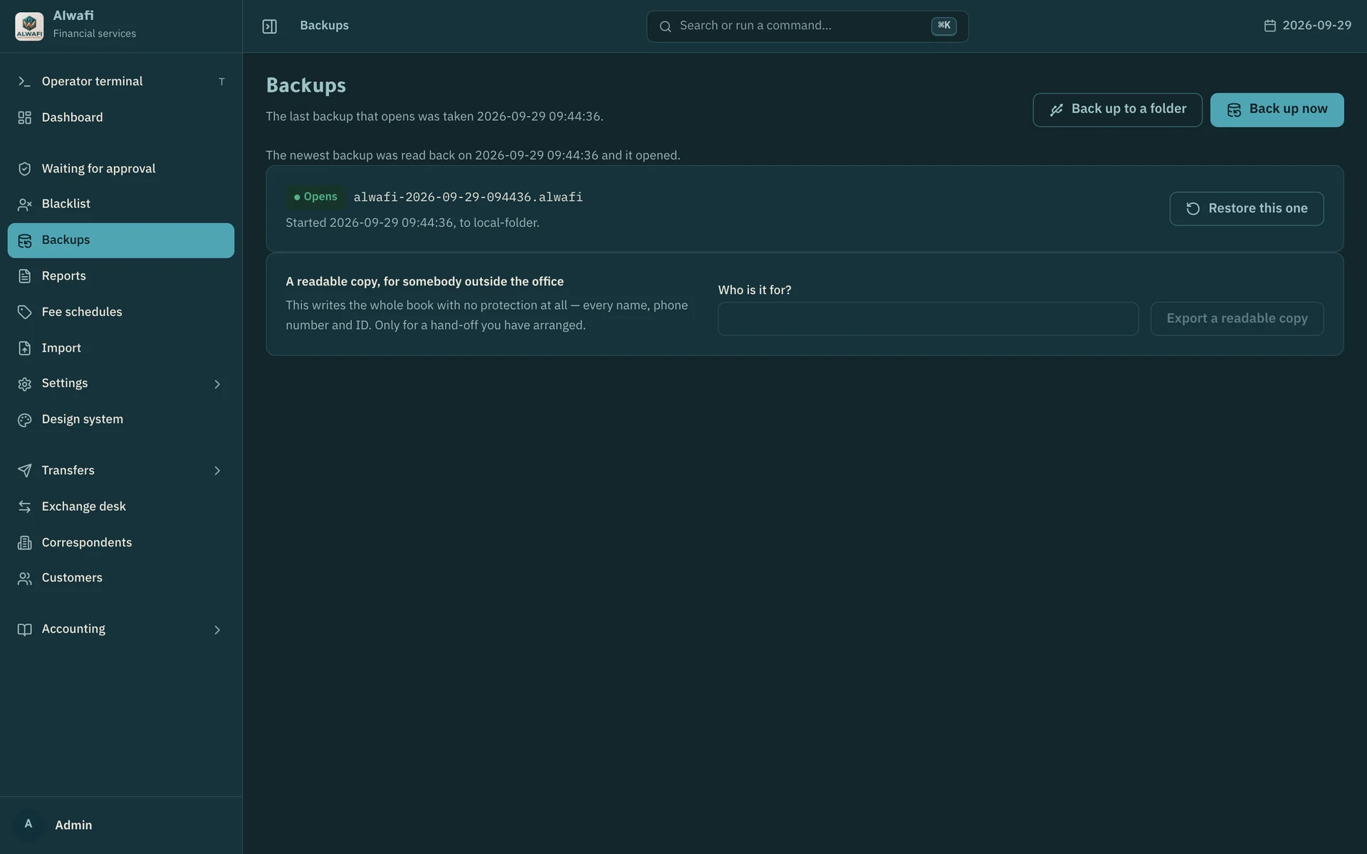 Backups: today's encrypted backup, verified as openable, with restore and a readable export