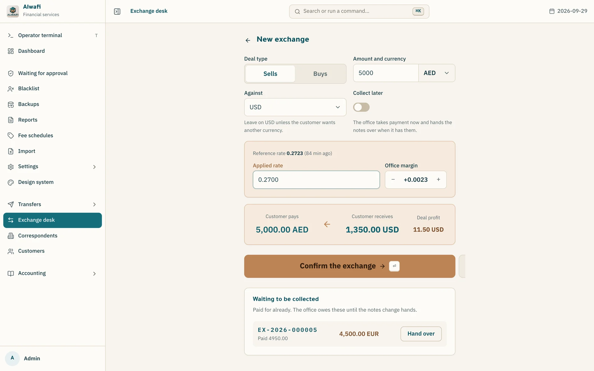 Exchange desk in the light theme
