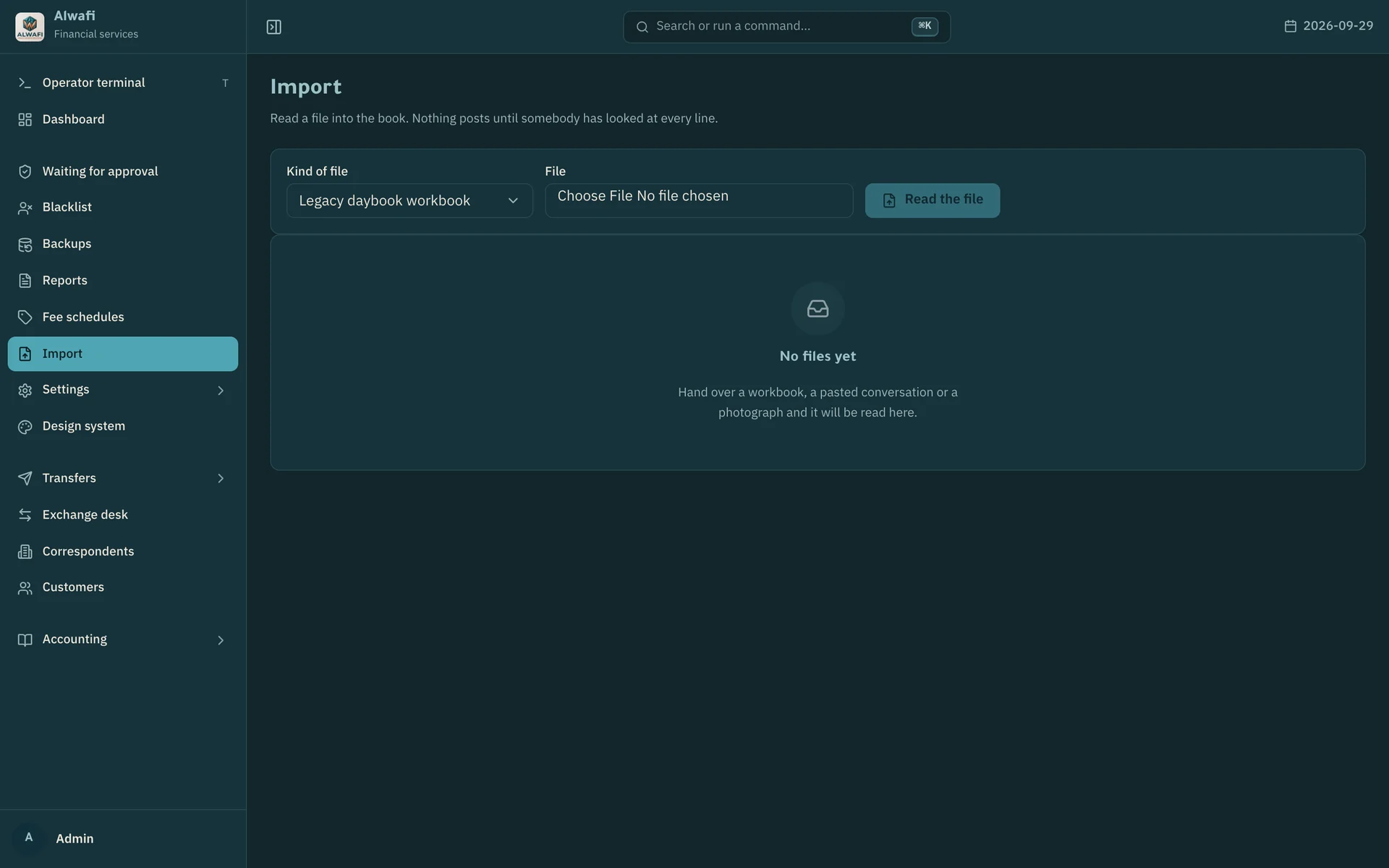 Import screen for a legacy daybook workbook