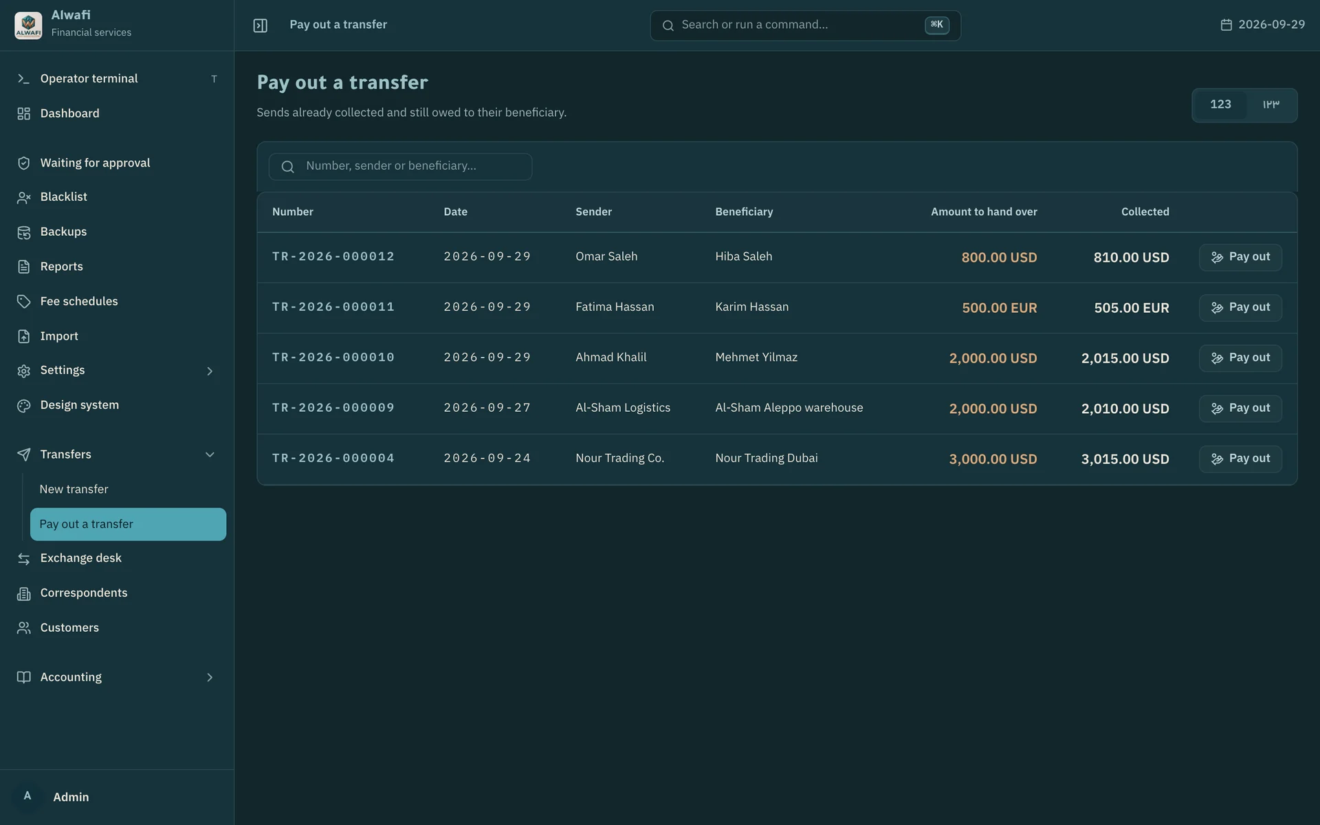 Pay out a transfer: five sends waiting, each with the amount to hand over and the amount collected