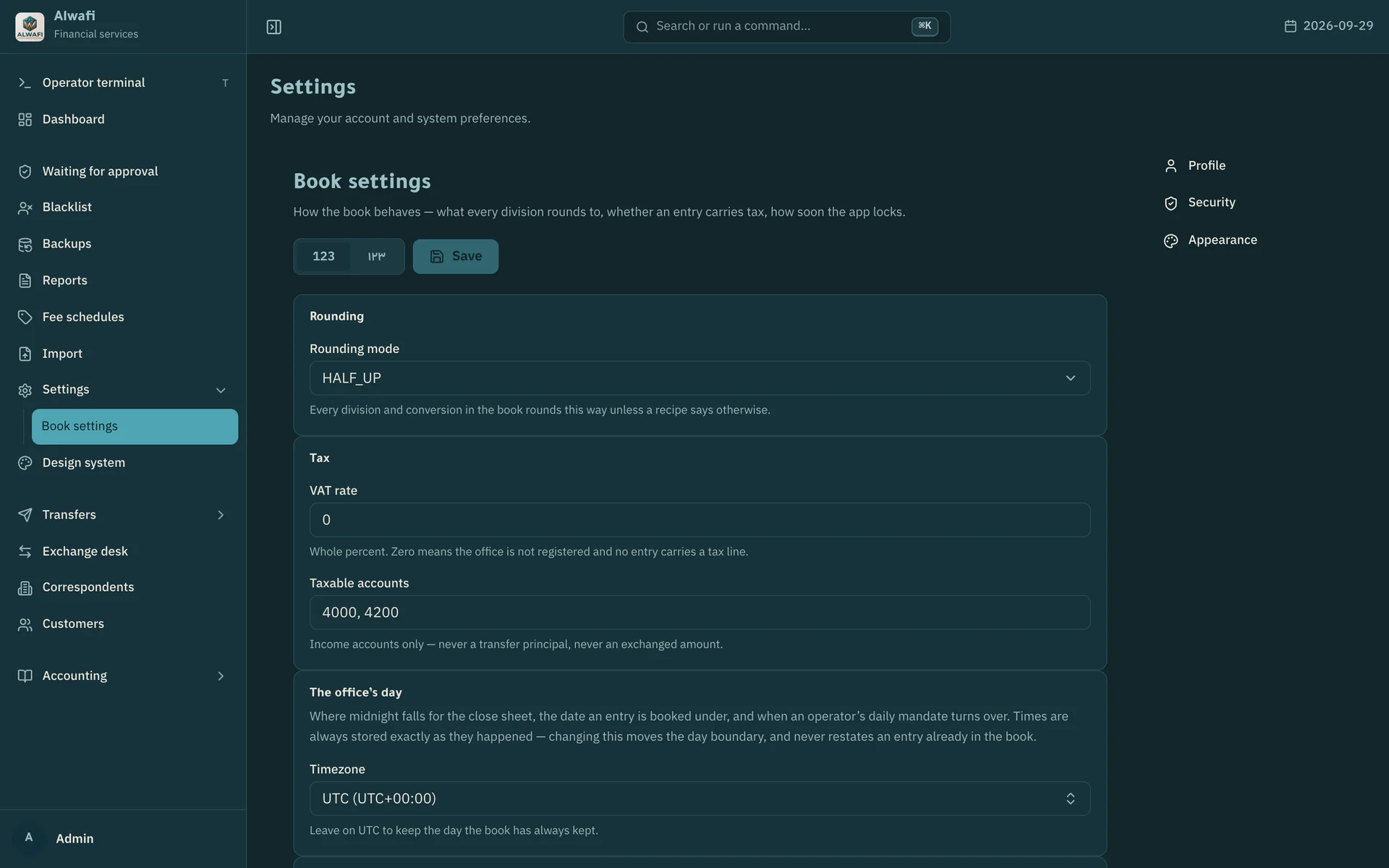 Book settings: rounding mode, VAT, office timezone